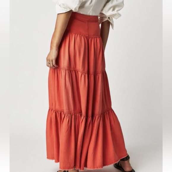 Free People We The Free Denim Dreamweaver Tiered Maxi Skirt Fire Orange - Picture 3 of 7